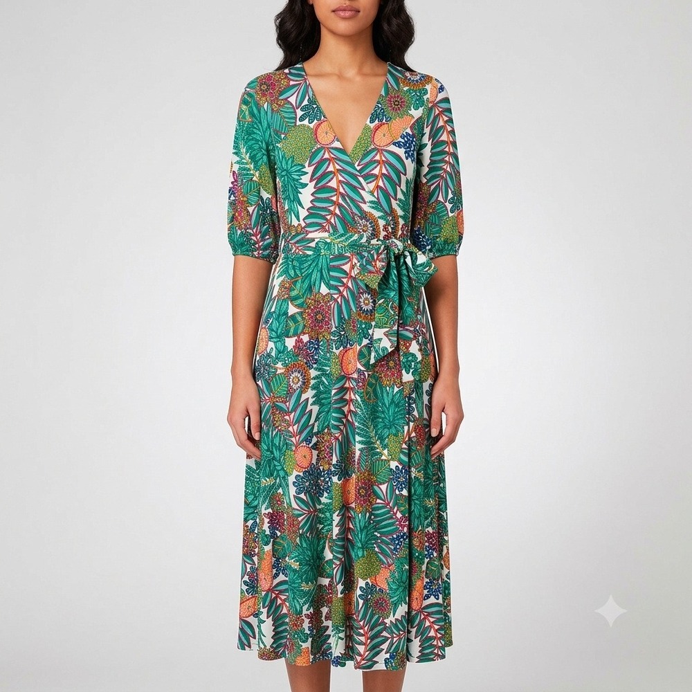 Boden Women Green Tropical Fruit Print Lenzing Ecovero Wrap Maxi Dress 4R Resort